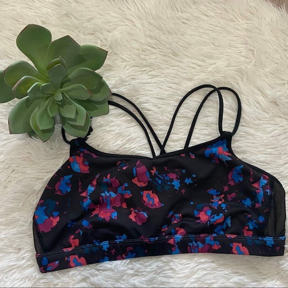 lululemon athletica Black Sports Bra with Pink & Blue Abstract Print